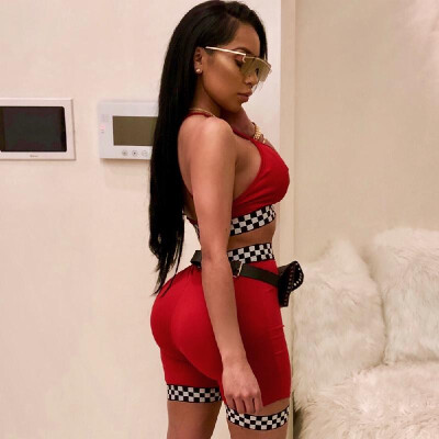 

Sexy Women Checkboard Two Piece Set Summer Outfits V Neck Crop Top&Shorts Club Tracksuits