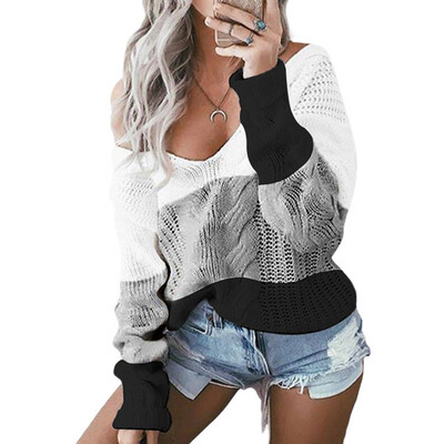 

〖Follure〗Women Casual V-Neck Pullover long Sleeve Patchwork Loose Knitted Sweater Tops