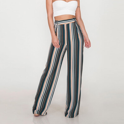 

Women Striped Wide Leg Pants Sweet Pockets Female Casual Chic Loose Trousers