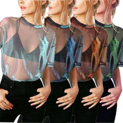 

Womens Sheer Mesh Fish Net Short Sleeve Turtle Neck See Crop Top T-Shirt Blouse