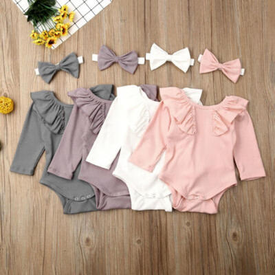 

Infant Baby Girl Solid Ruffle Romper Bodysuit JumpsuitHeadband Clothes Outfits