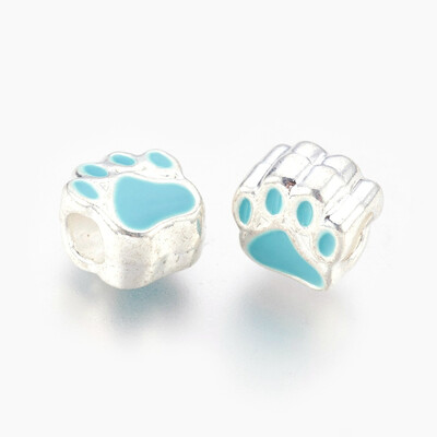 

Alloy Enamel European Beads Large Hole Beads Dog Paw Print Silver PaleTurquoise 11x10x7mm Hole 45mm