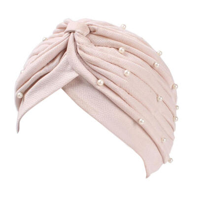 

Women Turban Hat Faux Pearl Pleated Muslim Hijab Stretch Cap Chemo Head Scarf