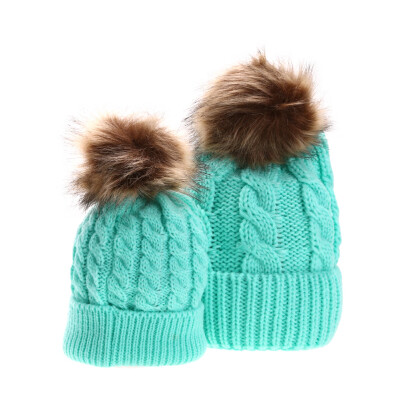 

Mom Baby Kid Warm Raccoon Fur Bobble Beanie Cotton Knitted Parent-child Hat