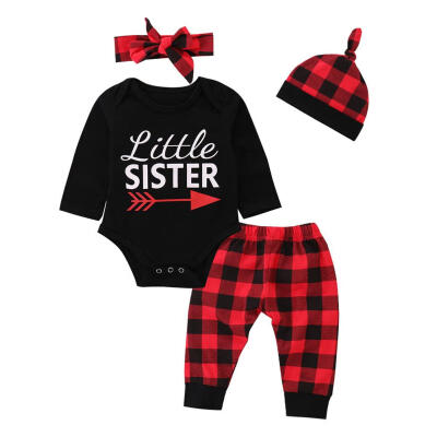 

4pcsSet Long Sleeve Cute Letters Baby Romper Plaid Pants Hat Headband Suit