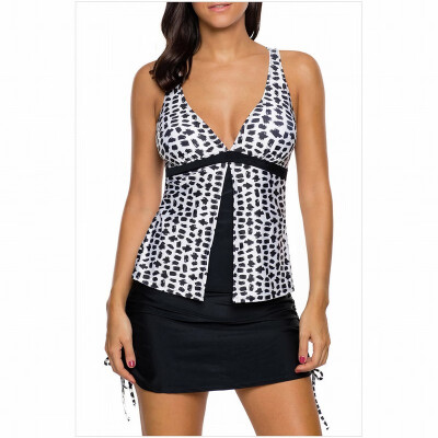 

Black&white stitching V-neck cross strap skirt with chest pad split swimsuit