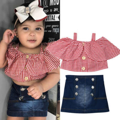 

Toddler Kids Baby Girl Plaid Ruffle Tops Crop Denim Dress Skirt Outfits Sunsuit