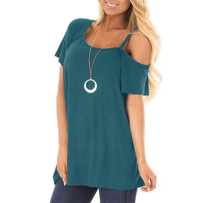 

Solid Color T-shirts Women Summer Sling Cold Shoulder Short Sleeve Tops