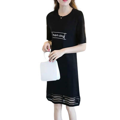 

Women Short Sleeve O Neck Letter Print Loose Casual Shirt Splicing Dress