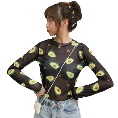 

Womens Retro Casual O Neck Avocado Print Long Sleeve T-shirt