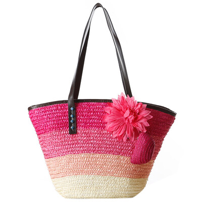 

Knitted Straw bag Summer flower Bohemian fashion womens handbags color stripes shoulder bags beach bag big tote bags