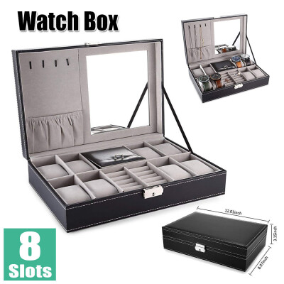 

8 Slot Lock&Mirror Jewelry Watch Box Case Display Organizer Storage Gift