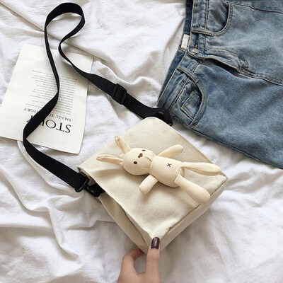 

2019 Sweet Girls Shoulder Bags Rabbit Pendant Flap Handbags Fashion Female Canvas Crossbody Bags