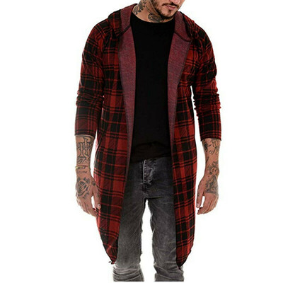 

Mens Long Sleeve Slim Fit Hooded Tops Plaid Coat Jacket Casual Outwear Overcoat