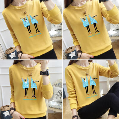 

Autumn Loose O-Neck Basic T-shirt Cartoon Print Women Soft Bottoming Tops