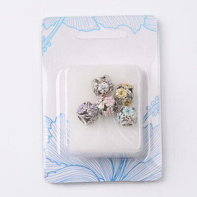 

Antique Silver Tone Alloy Enamel European Large Hole Beads Hollow Rondelle with Flower Mixed Color 11x10mm Hole 4mm