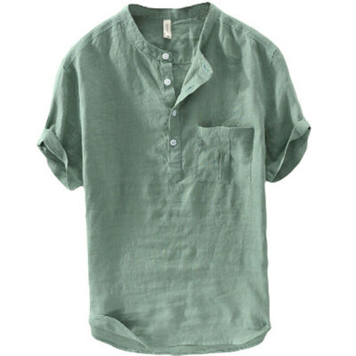 

Summer Mens Cotton Linen T Shirt Henley Tops Casual Loose V Neck Short Sleeve