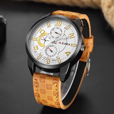 

Gobestart Fashion Casual Business Mens Alloy Three Eye Dial Leather Belt Quartz Watch
