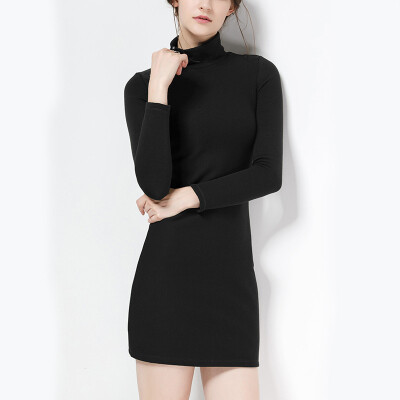 

CANVAUS Autumn Winter Women Cotton Solid Slim Mini Velvet Turtleneck Long Sleeve One-piece Dress F535A