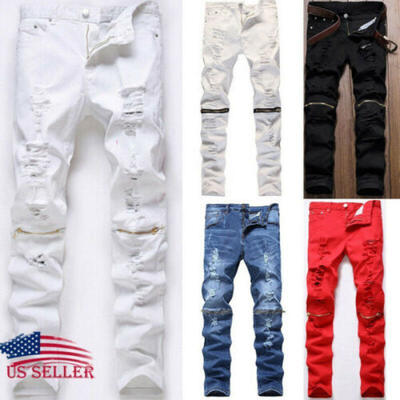 

Mens Stretchy Ripped Jeans Pants Destroyed Taped Skinny Slim Fit Denim Trousers