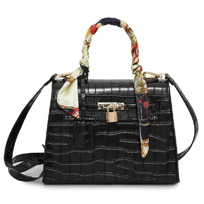 

Europe Fashion Women PU Handbag Crocodile Pattern Ribbon Handle Lock Tote Shoulder Messenger Bag BlackDark Green