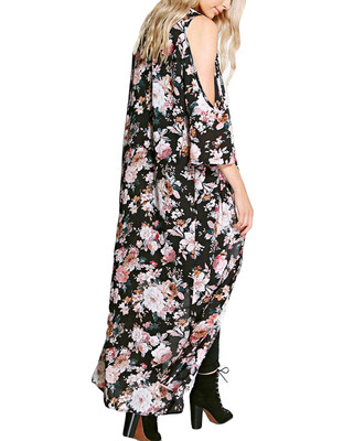

New Women Chiffon Loose Cardigan Open Front Floral Print 34 Sleeves Thin Vintage Casual Outerwear Black