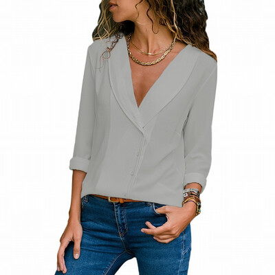 

Solid color V-neck long-sleeved button casual loose blouse top