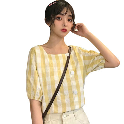 

women top Casual blouses Simple Loose Square Collar Short Sleeve Plaid Print Buttons Basic Blouse