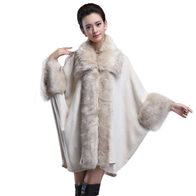 

Fashion Women Furry Cape Knit Wrap Scarf Shawl Cape Coat With Luxury Faux Fur Collar Sweater Plus Size 2019