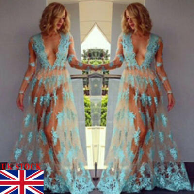 

UK Women Lace Sheer See Through Bodycon High Waist Formal Party Gown Long Dress