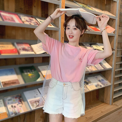 

Womens Fake Two Pieces Casual O Neck Embroidery Pattern Mesh Stitching Short Sleeve Loose T-Shirt