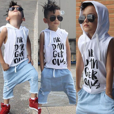 

Baby Kids Boy Denim PantsHoodie Top Sleeveless T Shirt 2pcs Outfits Set Clothes