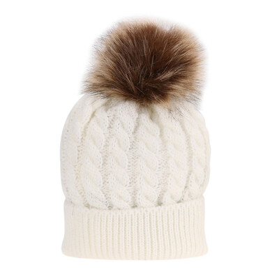 

Mom Baby Kid Warm Raccoon Fur Bobble Beanie Cotton Knitted Parent-Child Hat