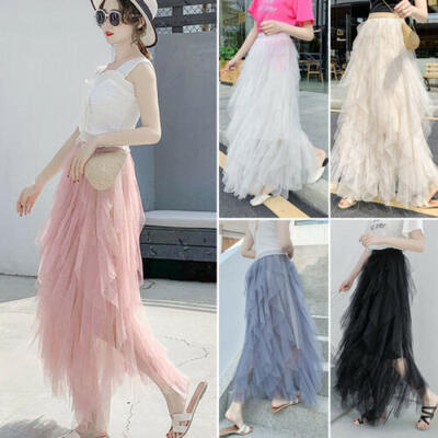 

New Fashion Summer Women Boho Lace Tiered High Waist Beach Long Skirt Sundress