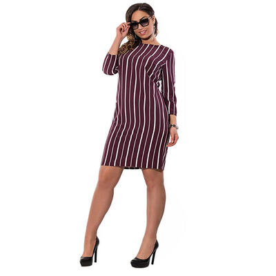 

Large Size Striped Print Stitching Slim A-line Dress Women O-neck Dresses