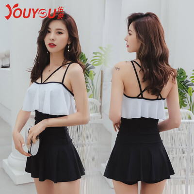 

You swimwear female 2019 new one-piece dress-style conservative cover belly slim swimsuit small chest sexy gathered hot spring bathing suit 19418 black&whit