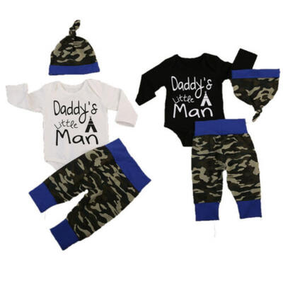 

3PCS Camo Newborn Baby Boys Cotton Tops Romper Pants Hat Outfits Set Clothes