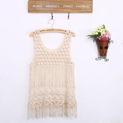 

Fashion Women&acutes Sexy Lace Crochet Hollow Sheer Sleeveless Swimwear Bikini Cover Up Beach Dress Beige