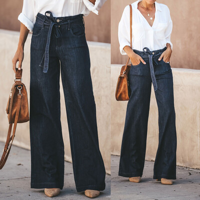 

Tailored Women Hight Waisted Bow Tie Button Hole Denim Jeans Wide Leg Pants Length Jeans