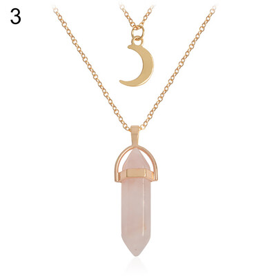 

Womens Stylish Moon Hexagon Prism Stone Pendant Double Layers Chain Necklace