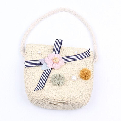 

Girls Hand Woven Bag Flower Bowknot Beads Handbag Rattan Straw Children Kids Bohemian Crossbody Bags Tote