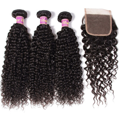 

UNice Human Hair 8A Brazilian Curly Hair Bundles with Lace Closure 44