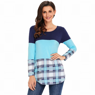 

Round neck long sleeve plaid stitching shirt casual straight top