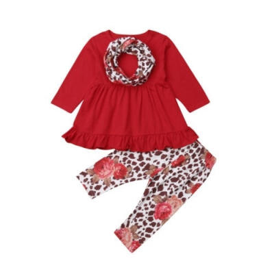 

New 3Pcs Toddler Kids Baby Solid Top Dress ClothesLeopard Print Pants LeggingsScarf Set Outfit 0-4T