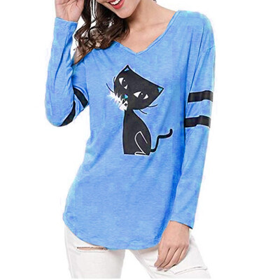 

Nomeni Fashion Women Casual Cat Splice Loose Long Sleeve V-Neck T-shirt Tops