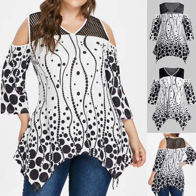 

Roseonmyhand Women Plus Size Three Quarter Sleeve Polka Dot Printed Irregular Strapless Top