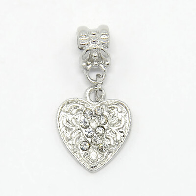 

Platinum Tone Alloy Rhinestone European Dangle Beads Heart Pendant with Breast Cancer Sign Crystal 28x14x2mm Hole 5mm