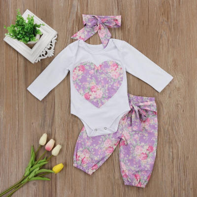 

3Pcs Newborn Kids Baby Girl Romper Tops Flower Pants Outfits Headband Clothes Set