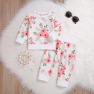 

2Pcs Autumn Newborn Kids Baby Girls Cotton Flowers T Shirt Top Long Trousers Outfits