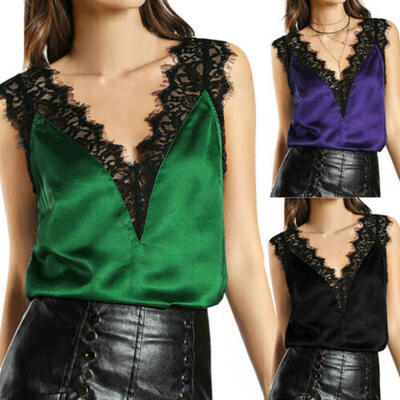 

UKSTOCK Womens Lace Satin Sleeveless Vest V-Neck Camisole Tank Top Blouse Shirt